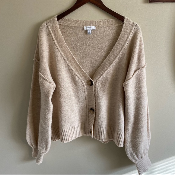 Topshop Oatmeal Tan Beige  Balloon Sleeve Drop Shoulder Cropped Cardigan Small - Picture 2 of 9
